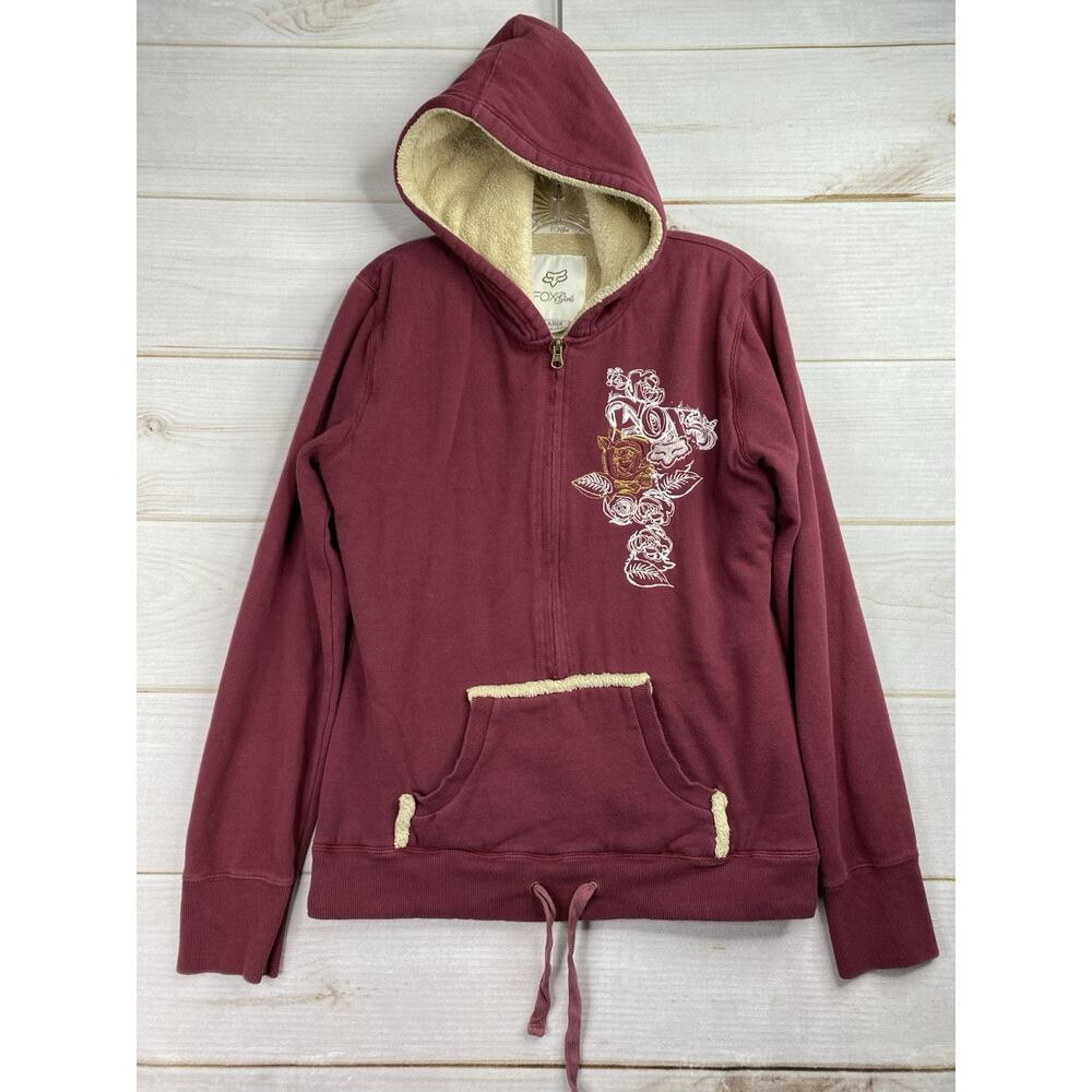Fox Racing Fox Girl Jr XL Red Hoodie Faux Fur Lining Full Zip Vtg Y2K 2000s